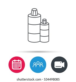 Shampoo bottles icon. Liquid soap sign. Group of people, video cam and calendar icons. Vector