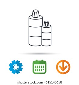 Shampoo bottles icon. Liquid soap sign. Calendar, cogwheel and download arrow signs. Colored flat web icons. Vector