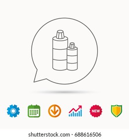 Shampoo bottles icon. Liquid soap sign. Calendar, Graph chart and Cogwheel signs. Download and Shield web icons. Vector