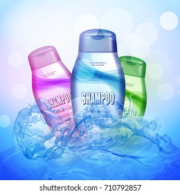 Shampoo bottles on the water background with water splash. Realistic vector illustration. Cosmetic ads poster.