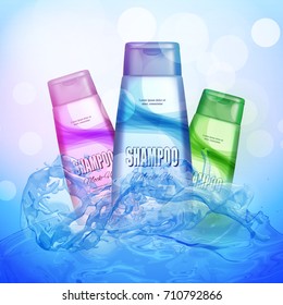 Shampoo bottles on the water background with water splash. Realistic vector illustration. Cosmetic ads poster.