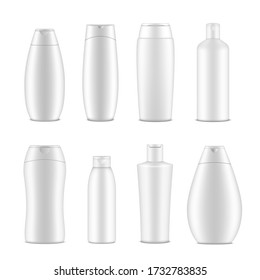 Shampoo bottles and packaging set, mockup for merchandise. Hair care product blank container. Vector realistic style shampoo bottles illustration