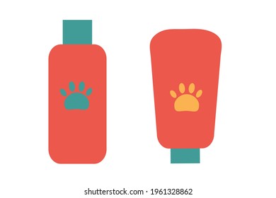 Shampoo and bplm for dog or cat hair. Accessories for pets. Shop concept. Flat isolated vector illustration. Icons.