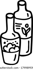 Shampoo and bubble bath. Bottles with cosmetics for the bathroom. Hand-drawn stylized illustration in doodle style. Black contours isolated on a white background. Vector stock illustration.