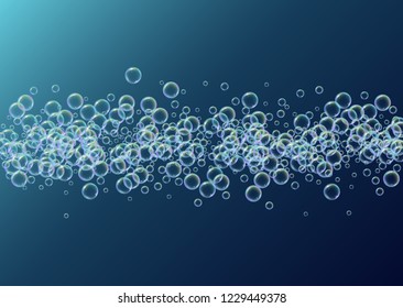 Shampoo bubble. Detergent bath foam, suds and soap for bathtub. Bright fizz and splash. Realistic water frame and border. 3d vector illustration layout. Blue colorful liquid shampoo bubble.
