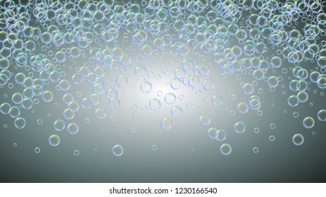 Shampoo bubble. Detergent bath foam, suds and soap for bathtub. 3d vector illustration flyer. Stylish fizz and splash. Realistic water frame and border. Grey colorful liquid shampoo bubble.