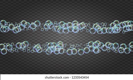 Shampoo bubble. Detergent bath foam, suds and soap for bathtub. 3d vector illustration concept. Stylish fizz and splash. Realistic water frame and border. Isolated colorful liquid shampoo bubble.