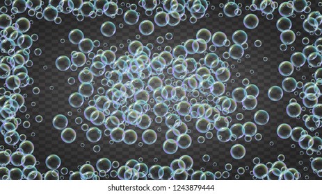 Shampoo bubble. Detergent bath foam, suds and soap for bathtub. 3d vector illustration concept. Multicolor fizz and splash. Realistic water frame and border. Isolated colorful liquid shampoo bubble.
