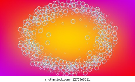 Shampoo bubble. Detergent bath foam, suds and soap for bathtub. Trendy fizz and splash. Realistic water frame and border. 3d vector illustration layout. Rainbow colorful liquid shampoo bubble.