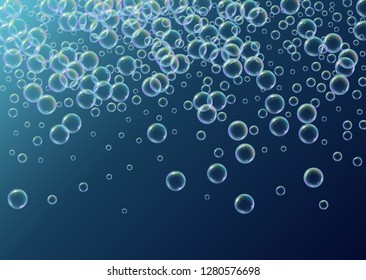 Shampoo bubble. Detergent bath foam, suds and soap for bathtub. Stylish fizz and splash. Realistic water frame and border. 3d vector illustration invite. Blue colorful liquid shampoo bubble.