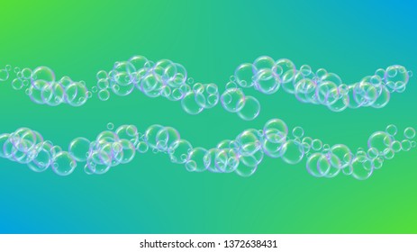 Shampoo bubble. Detergent bath foam, suds and soap for bathtub. 3d vector illustration banner. Stylish fizz and splash. Realistic water frame and border. Green colorful liquid shampoo bubble.