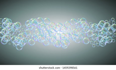 Shampoo bubble. Detergent bath foam, suds and soap for bathtub. 3d vector illustration design. Creative fizz and splash. Realistic water frame and border. Grey colorful liquid shampoo bubble.