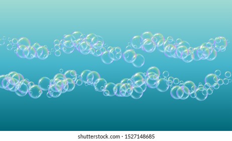Shampoo bubble. Detergent bath foam, suds and soap for bathtub. Creative fizz and splash. Realistic water frame and border. 3d vector illustration flyer. Blue colorful liquid shampoo bubble.