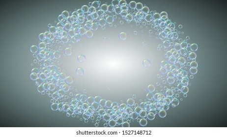 Shampoo bubble. Detergent bath foam, suds and soap for bathtub. Vibrant fizz and splash. Realistic water frame and border. 3d vector illustration layout. Grey colorful liquid shampoo bubble.