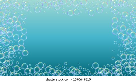 Shampoo bubble. Detergent bath foam, suds and soap for bathtub. Creative fizz and splash. Realistic water frame and border. 3d vector illustration flyer. Blue colorful liquid shampoo bubble.