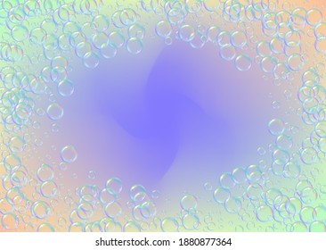 Shampoo bubble. Detergent bath foam, suds and soap for bathtub. 3d vector illustration concept. Trendy fizz and splash. Realistic water frame and border. Rainbow colorful liquid shampoo bubble.