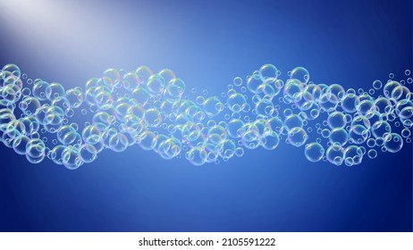 Shampoo bubble. Detergent bath foam, suds and soap for bathtub. Aqua 3d vector illustration design. Rainbow fizz and splash. Realistic water frame and border. colorful liquid shampoo bubble.