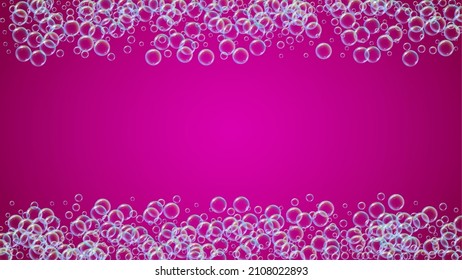 Shampoo bubble. Detergent bath foam, suds and soap for bathtub. Aqua fizz and splash. Realistic water frame and border. 3d vector illustration poster. Rainbow colorful liquid shampoo bubble.