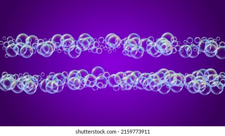 Shampoo bubble. Detergent bath foam, suds and soap for bathtub. Vibrant fizz and splash. Realistic water frame and border. 3d vector illustration poster. Purple colorful liquid shampoo bubble.