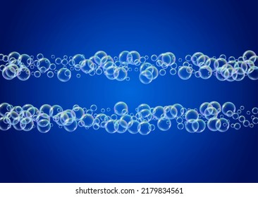 Shampoo bubble. Detergent bath foam, suds and soap for bathtub. 3d vector illustration layout. Creative fizz and splash. Realistic water frame and border. Blue colorful liquid shampoo bubble.