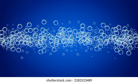 Shampoo bubble. Detergent bath foam, suds and soap for bathtub. 3d vector illustration invite. Stylish fizz and splash. Realistic water frame and border. Blue colorful liquid shampoo bubble.
