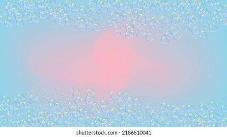 Shampoo bubble. Detergent bath foam, suds and soap for bathtub. Vibrant fizz and splash. Realistic water frame and border. 3d vector illustration template. Purple colorful liquid shampoo bubble.