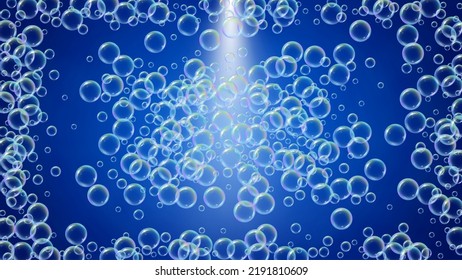 Shampoo bubble. Detergent bath foam, suds and soap for bathtub. Stylish fizz and splash. Realistic water frame and border. 3d vector illustration layout. Blue colorful liquid shampoo bubble.