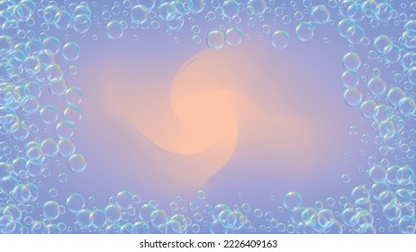 Shampoo bubble. Detergent bath foam, suds and soap for bathtub. 3d vector illustration concept. Stylish fizz and splash. Realistic water frame and border. Purple colorful liquid shampoo bubble.