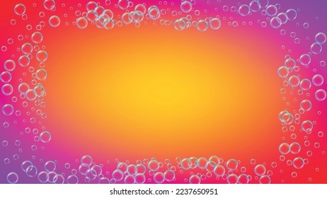 Burbuja de champú. Espuma de baño detergente, sándwiches y jabón para la bañera. Fizz multicolor y salpicadura. Marco hídrico y frontera realistas. 3d volante de ilustración vectorial. Burbuja de champú líquido colorido del arcoiris.