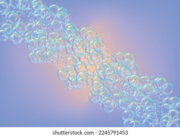 Shampoo bubble. Detergent bath foam, suds and soap for bathtub. Bright fizz and splash. Realistic water frame and border. 3d vector illustration design. Purple colorful liquid shampoo bubble.
