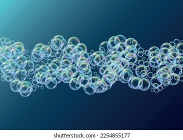 Shampoo bubble. Detergent bath foam, suds and soap for bathtub. 3d vector illustration template. Creative fizz and splash. Realistic water frame and border. Blue colorful liquid shampoo bubble.