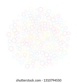 Shampoo bubbles abstraction, vector illustration. Pastel pink yellow blue circles. Kids bubbles for play. Tender minimalist vector backdrop. Childish magic flying sheres.