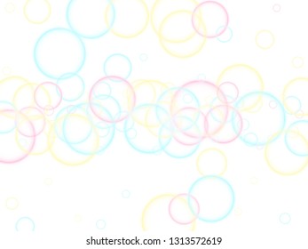 Shampoo bubbles abstraction, vector illustration. Pink blue and yellow blurred rings. Kids bubbles for play. Abstract soap foam vector design. Childish magic flying sheres.