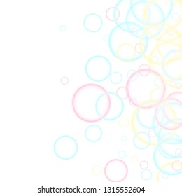 Shampoo bubbles abstraction, vector illustration. Pink blue and yellow blurred rings. Children bubbles for play. Cartoon purity background. Girlish backdrop with round shapes.