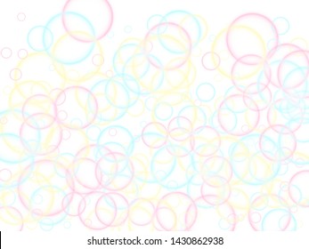 Shampoo bubbles abstraction, vector illustration. Pink blue and yellow blurred rings. Kids bubbles for play. Soft colors circles flying desugn. Childish magic flying sheres.