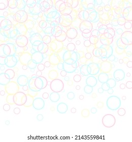 Shampoo bubbles abstraction, vector illustration. Pastel pink yellow blue circles. Kids bubbles for play. Tender minimalist vector backdrop. Childish magic flying sheres.