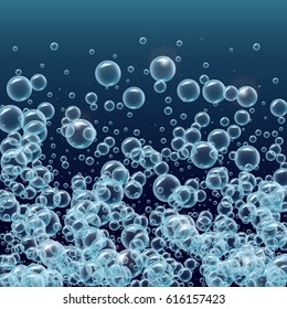 Shampoo bubbles floating underwater. Template for aqua park, swimming pool, diving club design. Good for shampoo banner, flyer, party invitation. Cleaning soap foam. Cool deep sea with bubbles.