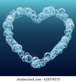 Shampoo bubbles heart shape. Template for web site background, flyer, banner. For soap cleaning foam or shampoo design, aqua park, swimming pool, diving club. Cool deep sea with bubbles and sprays.