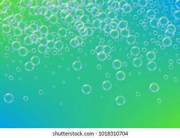 Shampoo bubbles on gradient background. Water bubbles. Cool liquid foam with shampoo bubbles. Horizontal cosmetic flyer and invite. Cleaning soap foam for bath and shower.