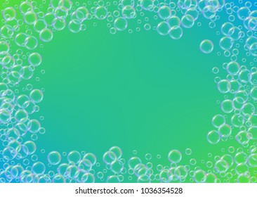 Shampoo bubbles on gradient background. Realistic water bubbles 3d. Cool liquid foam with shampoo bubbles. Horizontal cosmetic flyer and invite. Cleaning soap foam for bath and shower.
