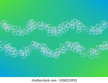 Shampoo bubbles on gradient background. Realistic water bubbles 3d. Cool liquid foam with shampoo bubbles. Horizontal cosmetic flyer and invite. Cleaning soap foam for bath and shower.