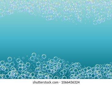 Shampoo bubbles on gradient background. Realistic water bubbles 3d. Cool liquid foam with shampoo bubbles. Horizontal cosmetic flyer and invite. Cleaning soap foam for bath and shower.