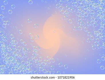 Shampoo bubbles on gradient background. Realistic water bubbles 3d. Cool liquid foam with shampoo bubbles. Horizontal cosmetic flyer and invite. Cleaning soap foam for bath and shower.