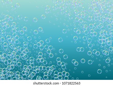 Shampoo bubbles on gradient background. Realistic water bubbles 3d. Cool liquid foam with shampoo bubbles. Horizontal cosmetic flyer and invite. Cleaning soap foam for bath and shower.