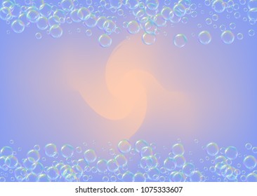 Shampoo bubbles on gradient background. Realistic water bubbles 3d. Cool liquid foam with shampoo bubbles. Horizontal cosmetic flyer and invite. Cleaning soap foam for bath and shower.