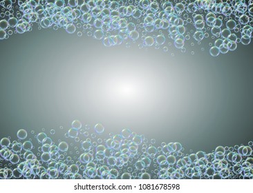 Shampoo bubbles on gradient background. Realistic water bubbles 3d. Cool liquid foam with shampoo bubbles. Horizontal cosmetic flyer and invite. Cleaning soap foam for bath and shower.