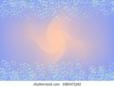Shampoo bubbles on gradient background. Realistic water bubbles 3d. Cool liquid foam with shampoo bubbles. Horizontal cosmetic flyer and invite. Cleaning soap foam for bath and shower.