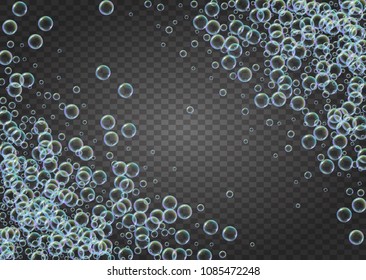 Shampoo bubbles on gradient background. Realistic water bubbles 3d. Cool liquid foam with shampoo bubbles. Horizontal cosmetic flyer and invite. Cleaning soap foam for bath and shower.