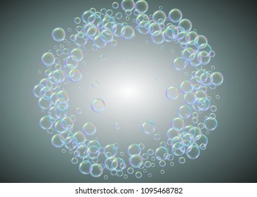 Shampoo bubbles on gradient background. Realistic water bubbles 3d. Cool liquid foam with shampoo bubbles. Horizontal cosmetic flyer and invite. Cleaning soap foam for bath and shower.