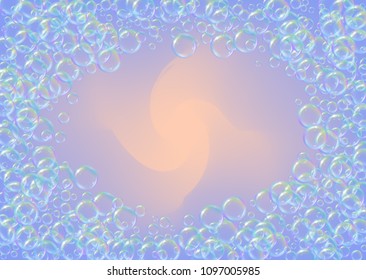 Shampoo bubbles on gradient background. Realistic water bubbles 3d. Cool liquid foam with shampoo bubbles. Horizontal cosmetic flyer and invite. Cleaning soap foam for bath and shower.